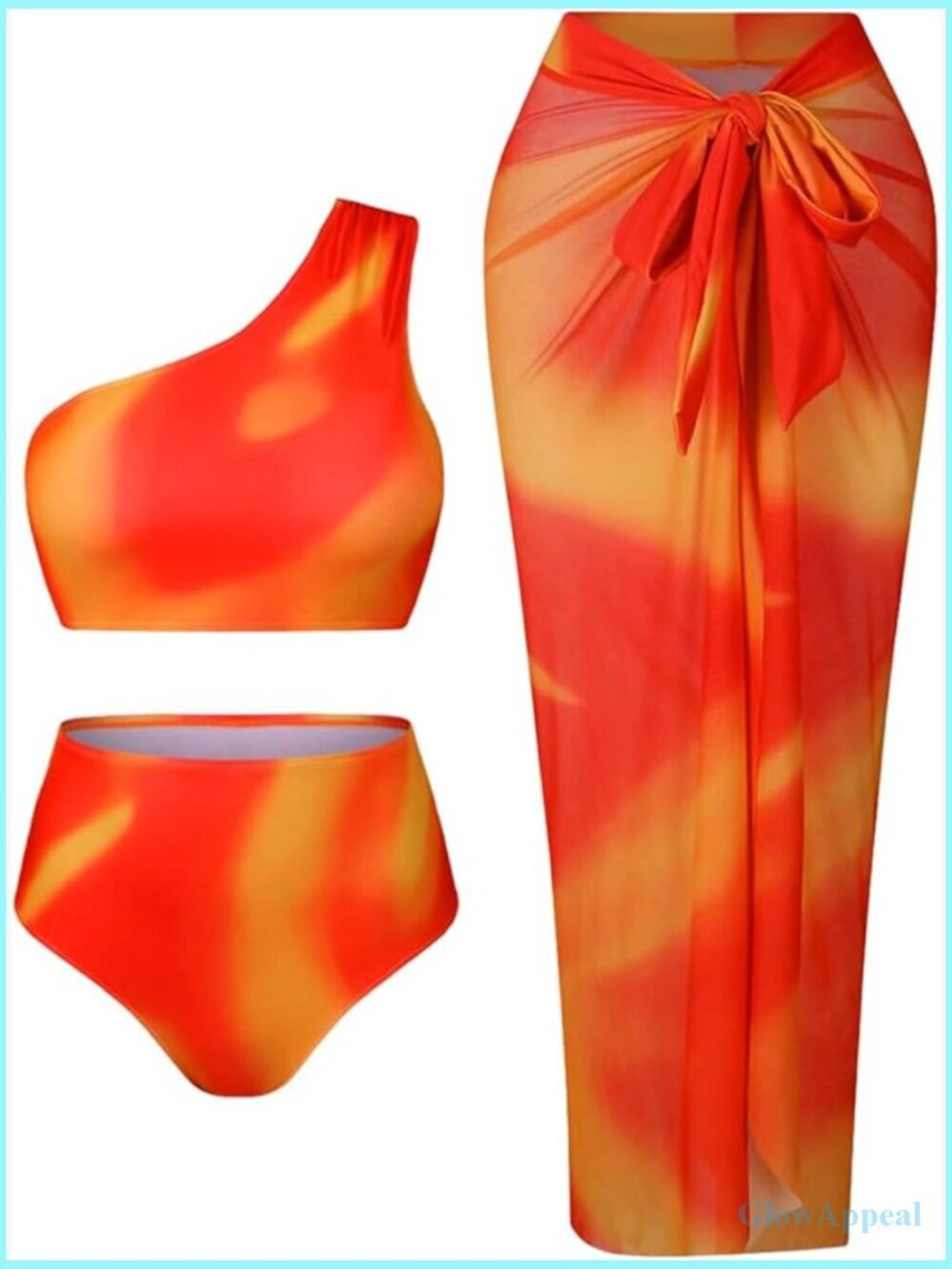 Plus Size 3 Piece Swimsuits High Waisted One Shoulder Bikini Set with Wrap Skirt